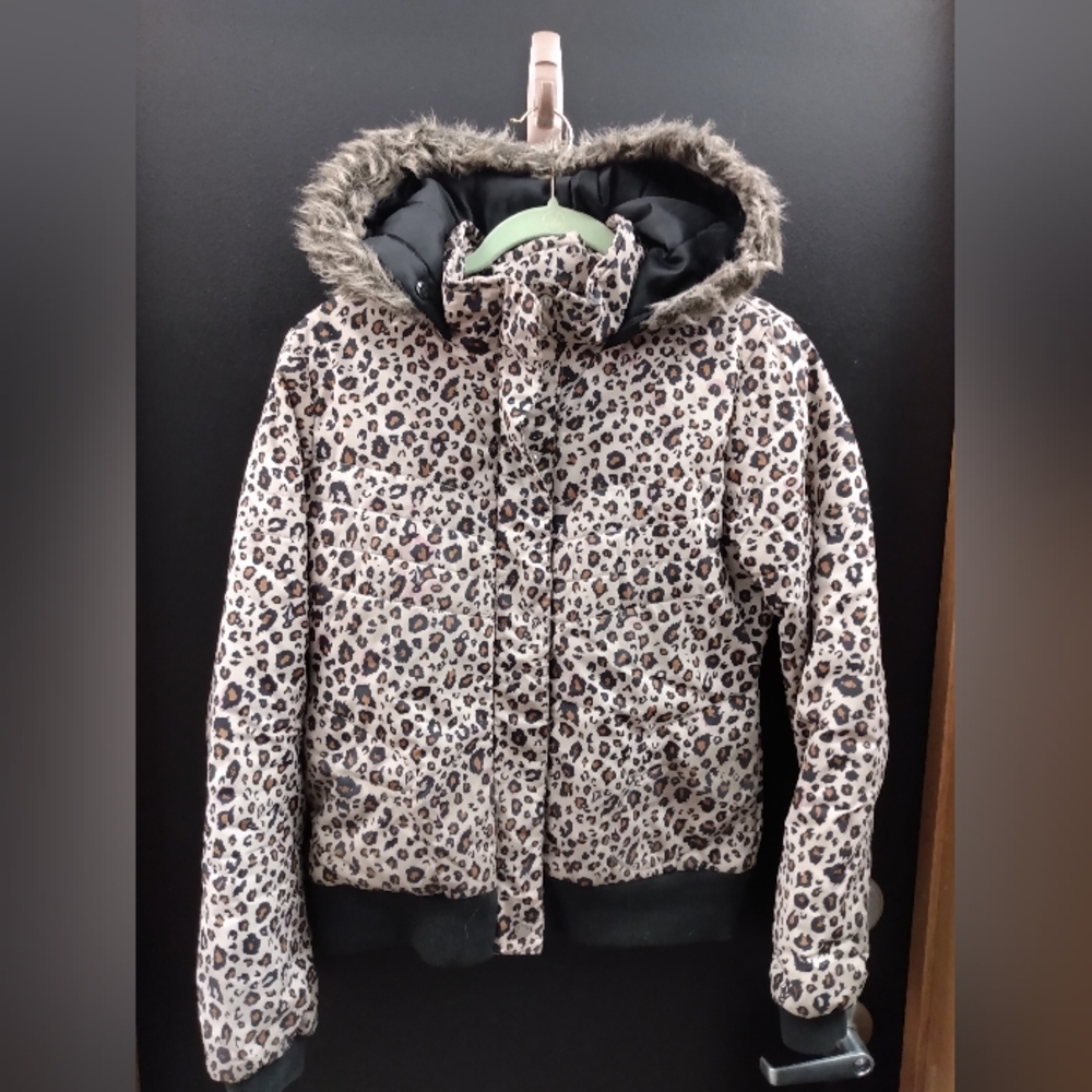 Volcom Tan Brown Black Leopard print Removable Faux Fur Trim Hooded Coat